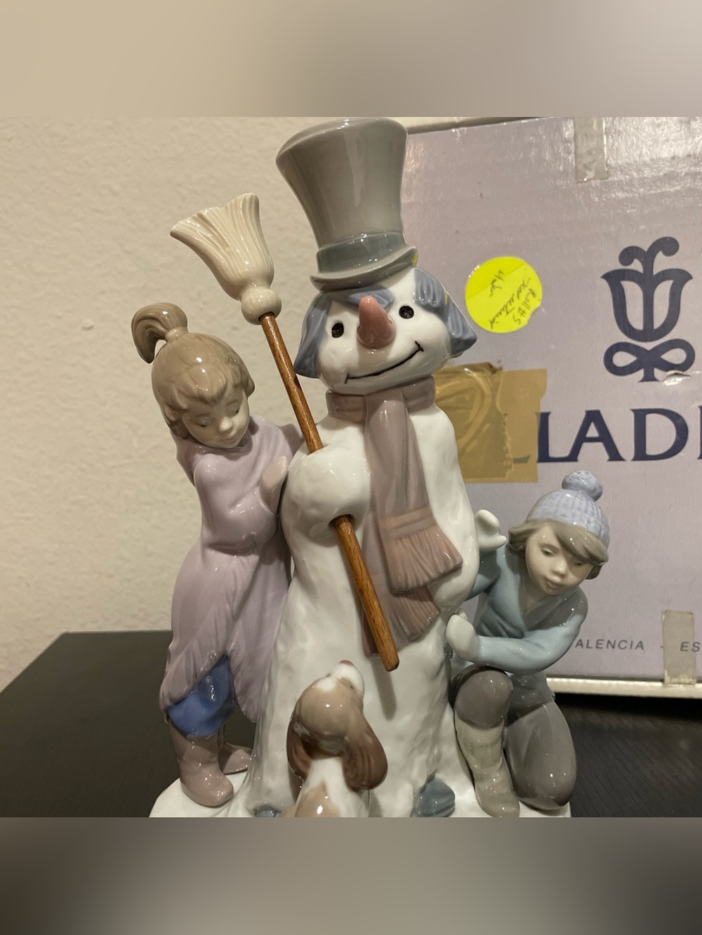 Lladro Porcelain Snowman with Child and Dog - White, Light Blue, Gray